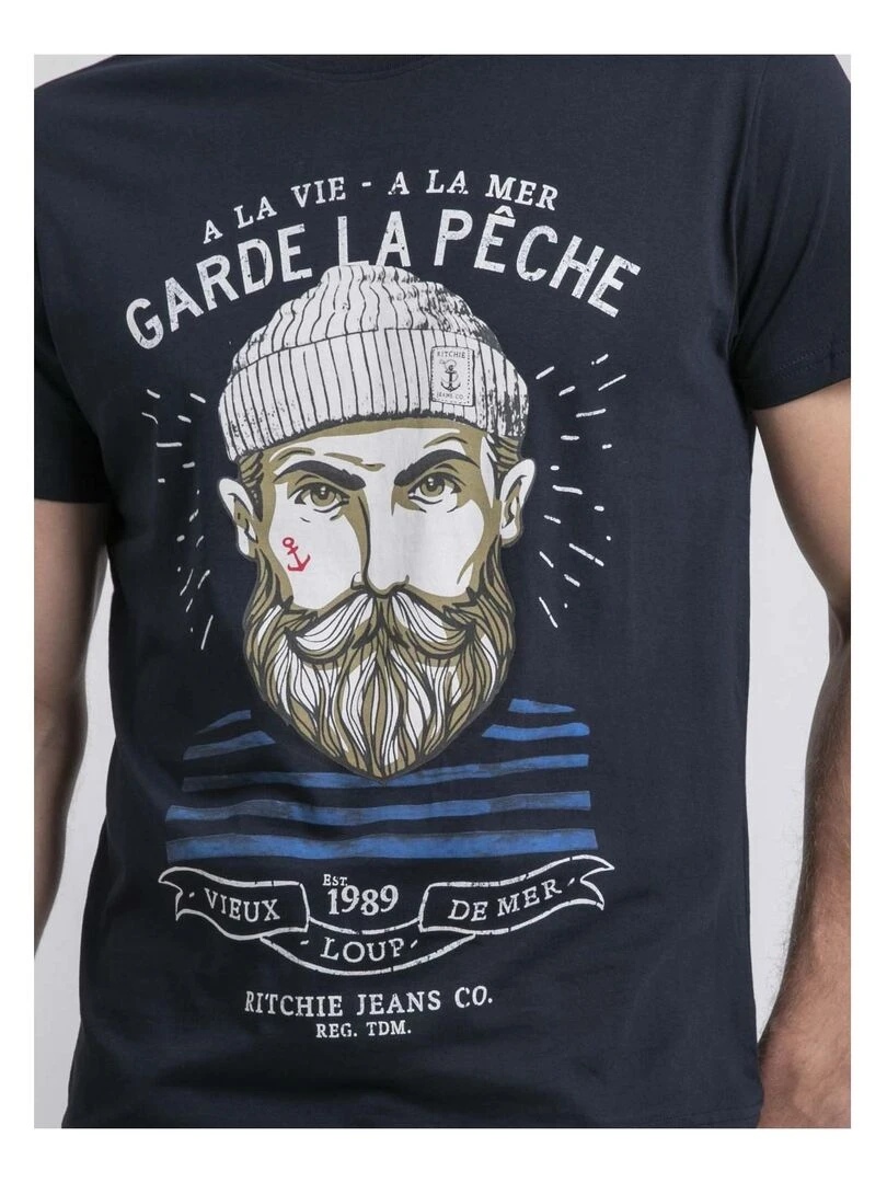 T shirt col rond pur coton NOULANDY   Bleu marine