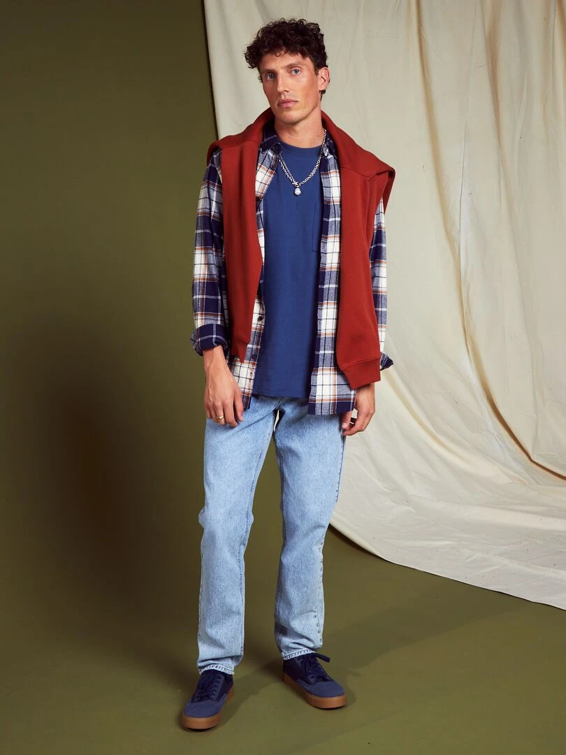 Chemise droite en flanelle Bleu/orange/blanc