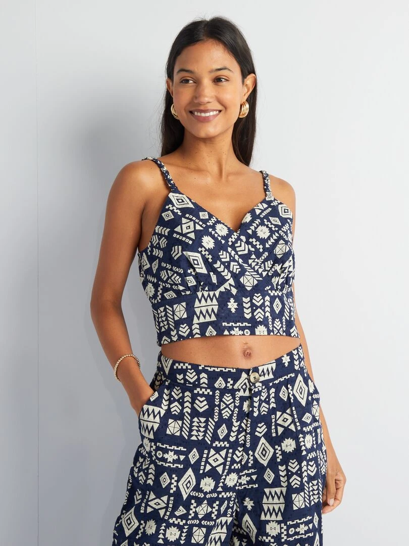 Crop top à bretelles imprimé ethnique Bleu