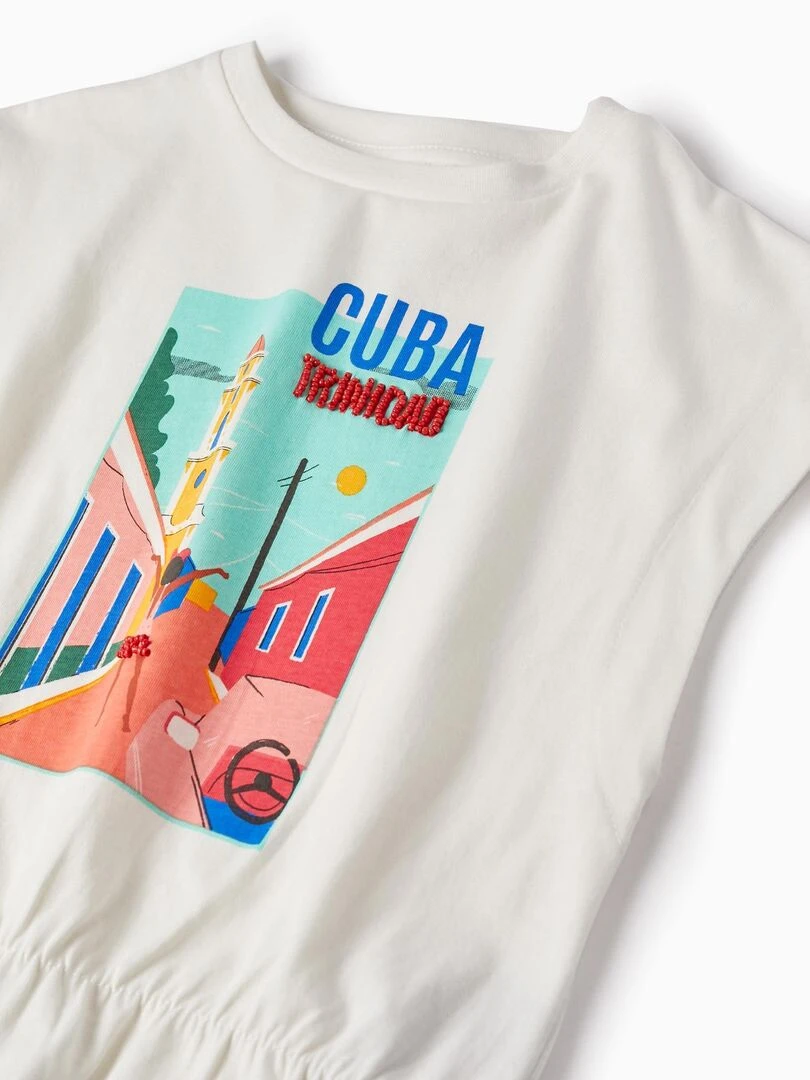 T Shirt De Coton Avec Perles Pour Fille 'Cuba' manches courtes CUBA   Blanc