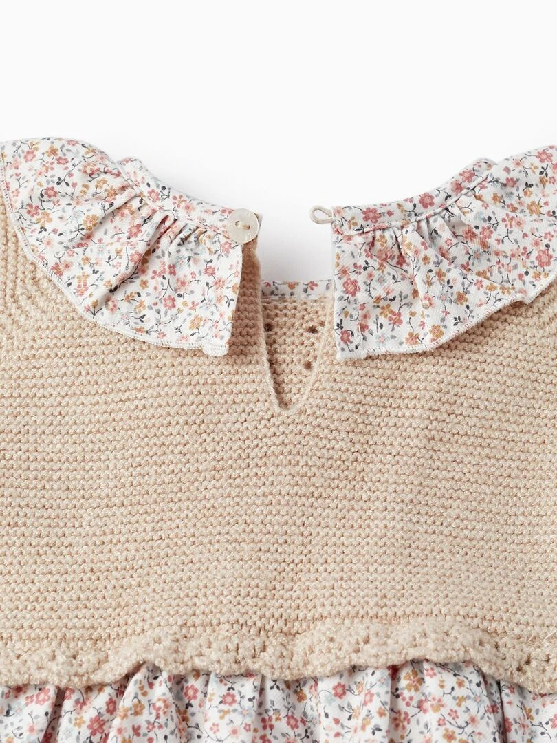 Robe Combinée en Maille et Coton pour Bébé Fille 'Floral' manches longues SPRING BEGINS   Beige clair