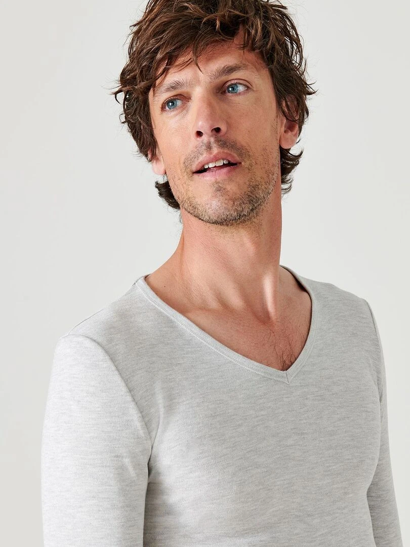 T shirt col V maille interlock Thermolactyl Damart Gris chiné
