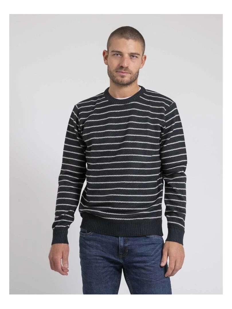 Pull col rond rayures LIMUTIL Bleu marine