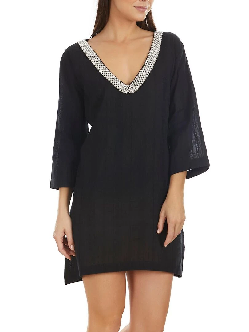 Caftan de plage perles manches trois quarts Noir