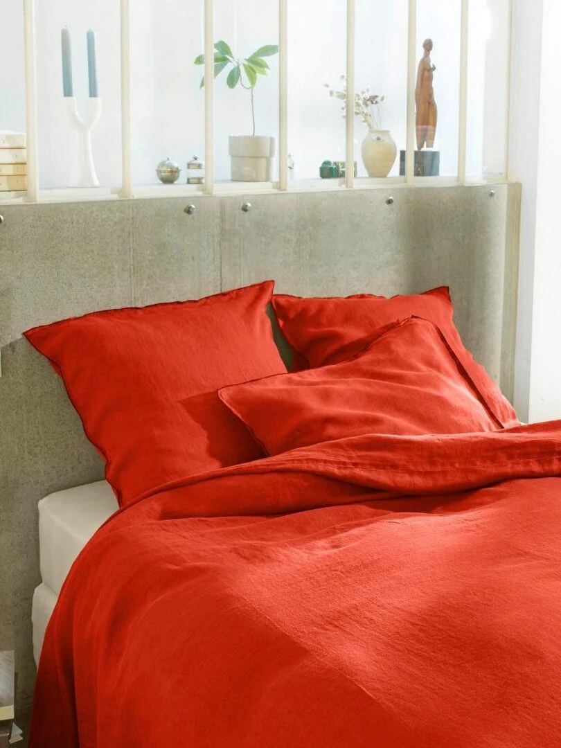 Housse de couette + 2 taies d'oreiller 65x65 cm en lin Français lavé   Orange