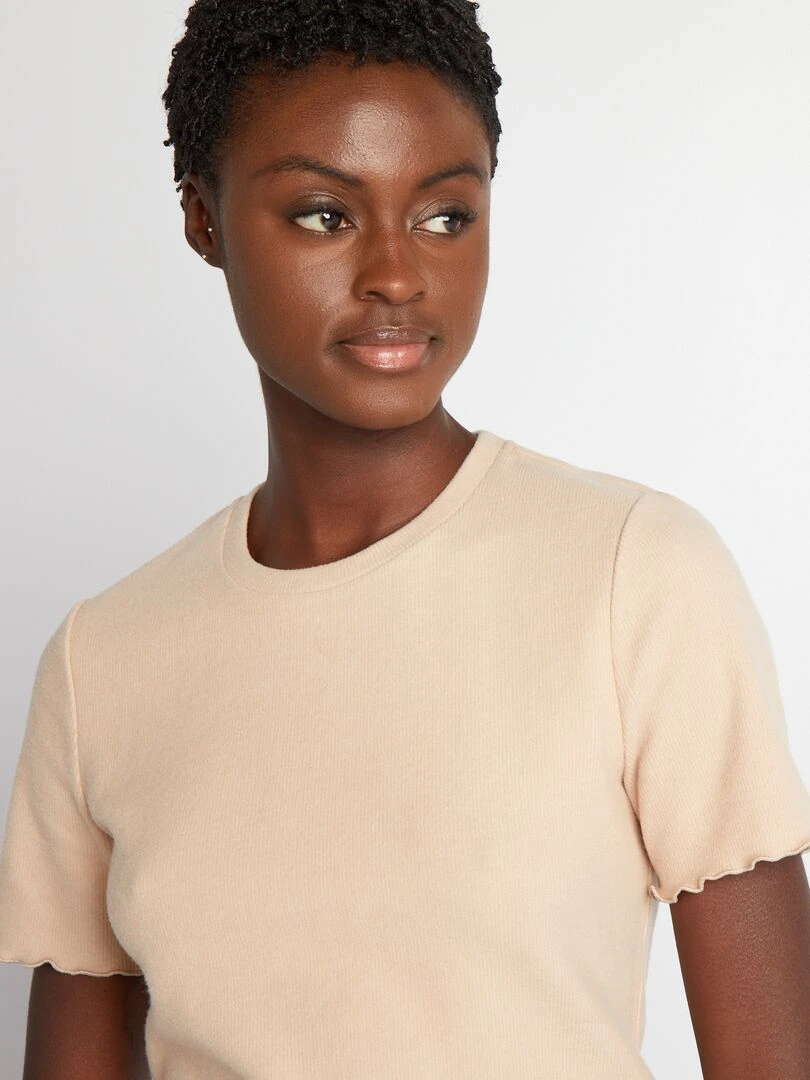 T shirt côtelé en matière doudou   Beige