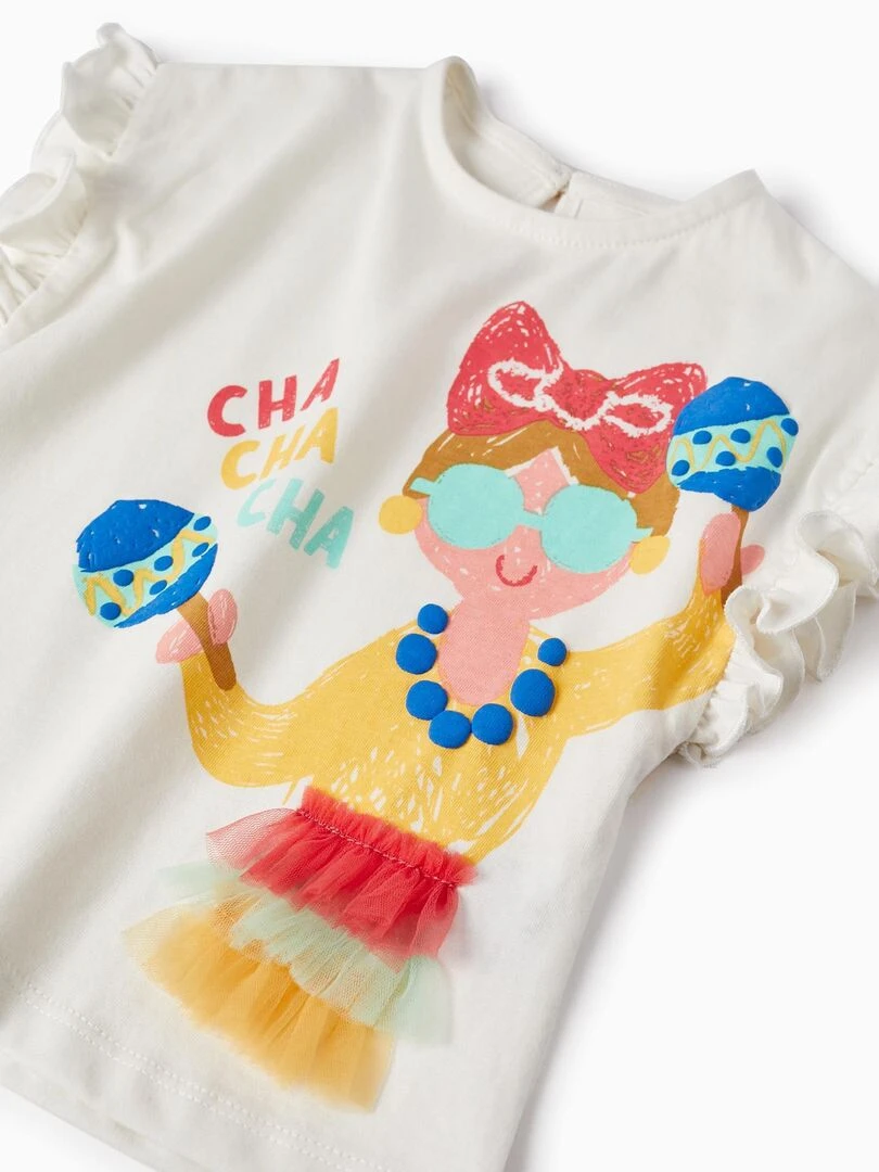T Shirt De Coton Avec Volants Pour Bébé Fille 'Cha Cha Cha' manches courtes CUBA   Blanc