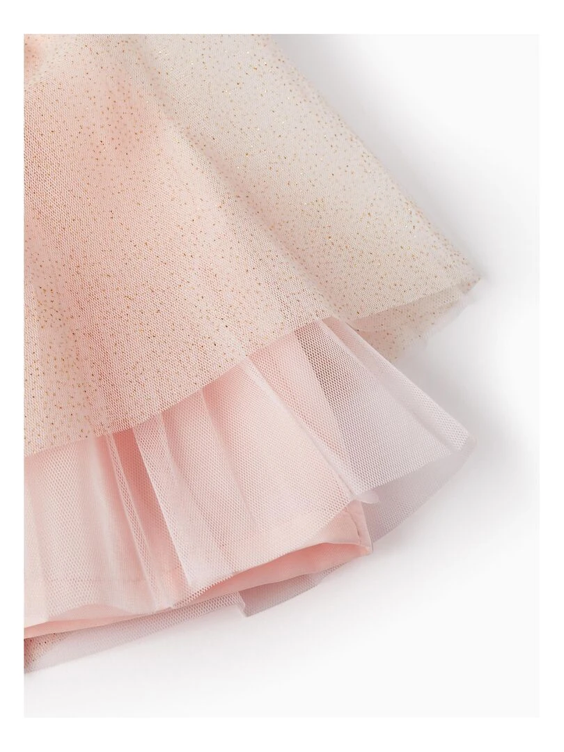 Robe avec jupe en tulle et paillettes dorées pour bébé fille manches courtes   Rose