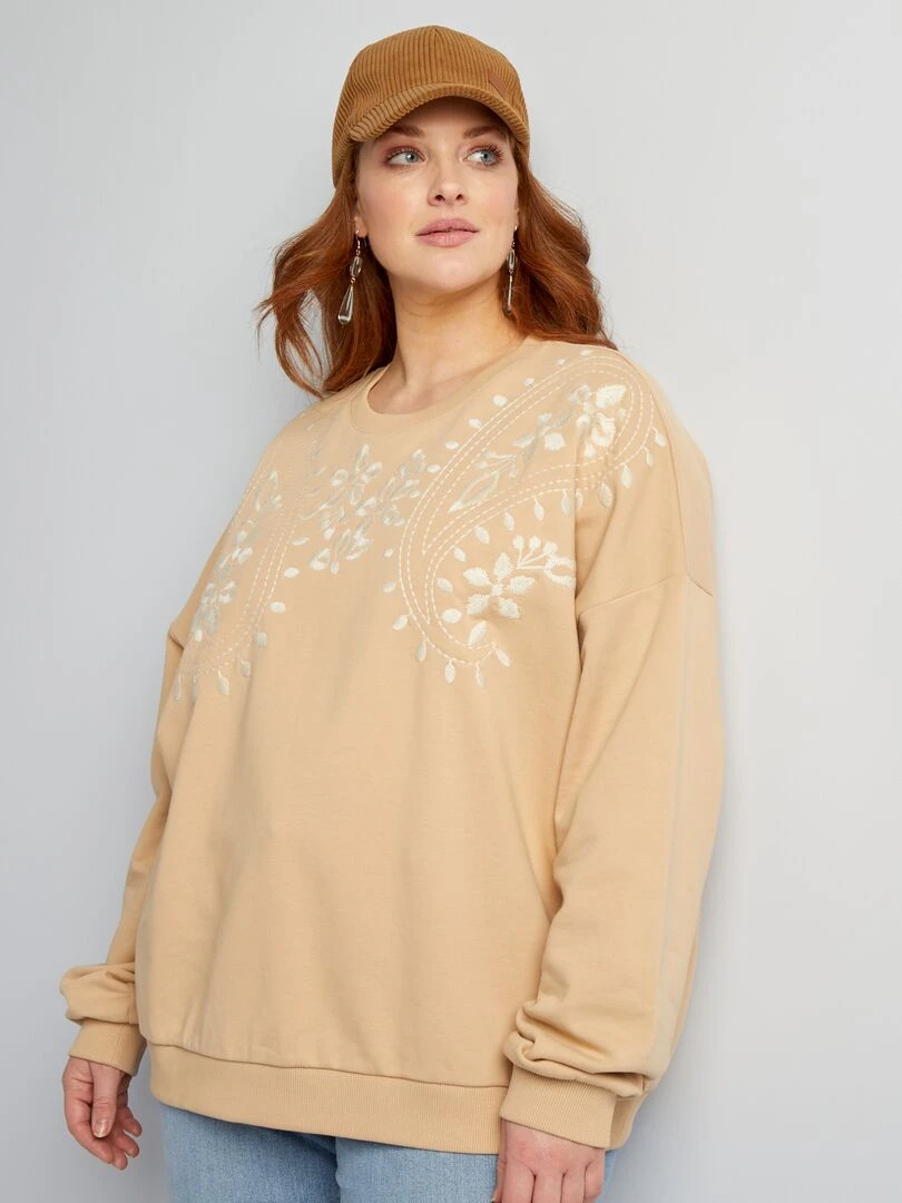 Sweat en molleton avec broderies   Beige