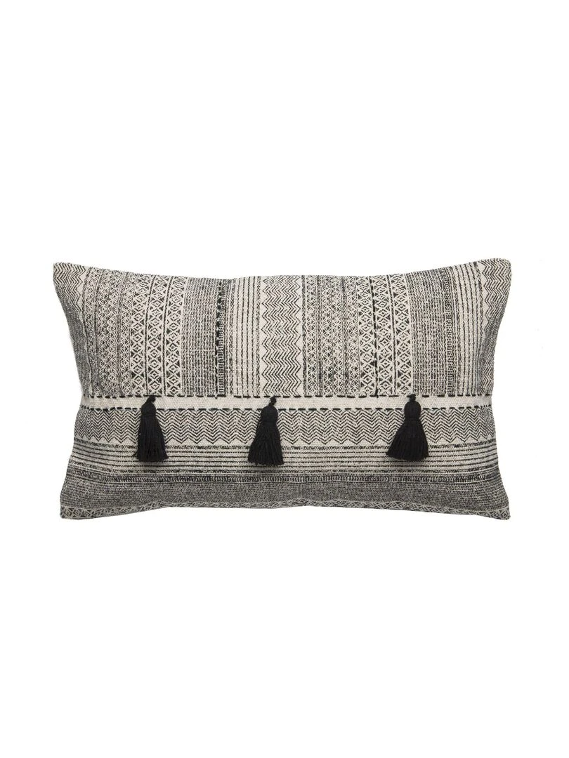 Coussin en coton imprimé avec pompons AFRICA 'Deko&co' Blanc Noir Gris