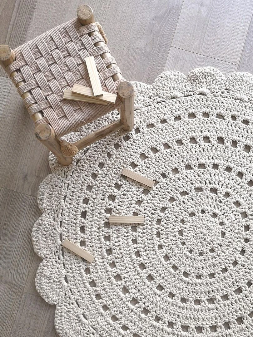 Tapis lavable rond Alma crochet écru lavable en machine (120 cm)   Ecru