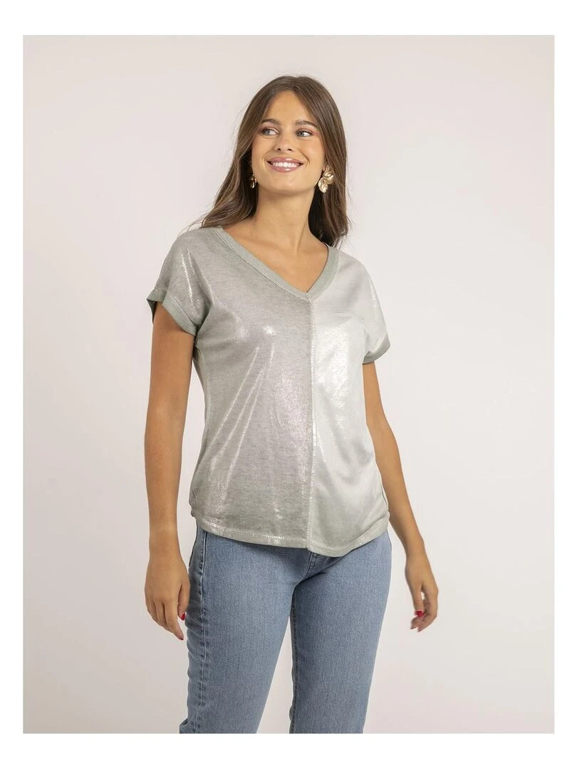 T shirt col V bimatière FAZZY Kaki
