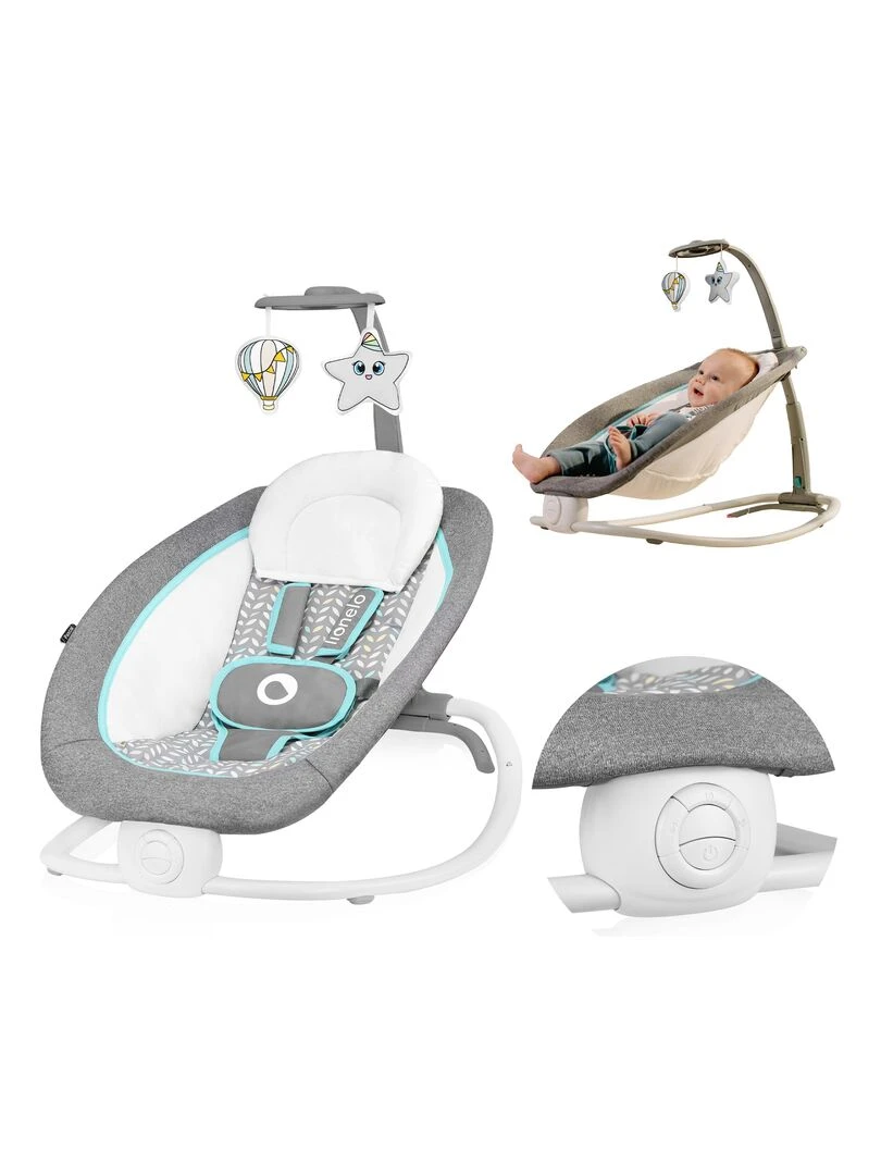 LIONELO Pascal Balancelle Transat Bébé Électrique 12 mélodies Jouets suspendus Gris Blanc Bleu