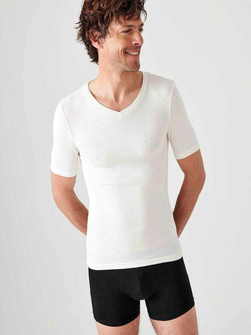 T shirt col V manches courtes fine côte Thermolactyl Sensitive Damart Blanc
