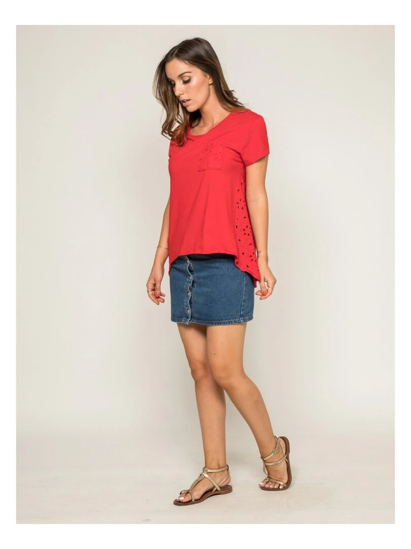 T shirt col rond broderies anglaises FOCACIA   Rouge