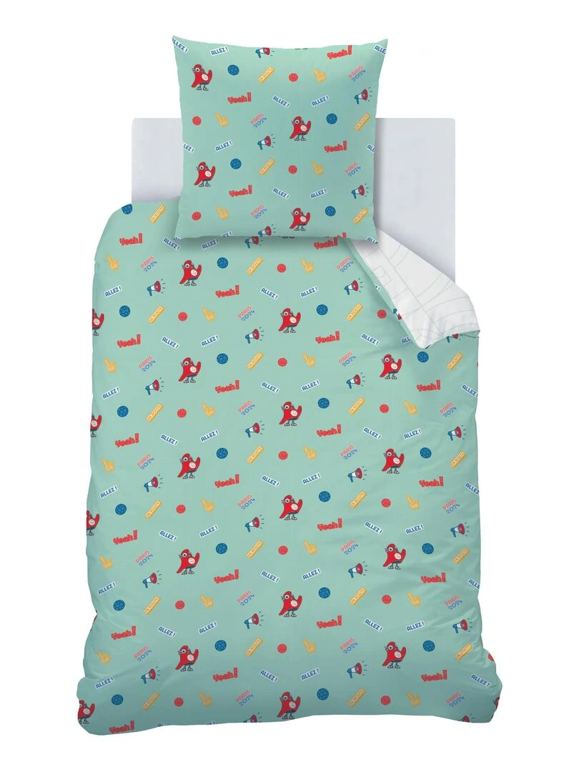 Parure de lit imprimée 100% coton  PARIS 2024 MASCOTTE OLYMPIQUE ALLEZ   Blanc Vert