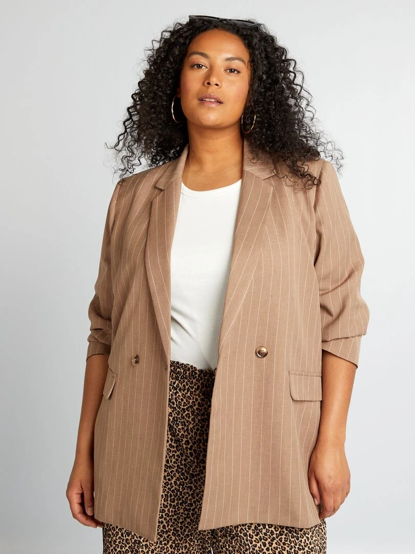 Veste tailleur mi longue rayée Marron