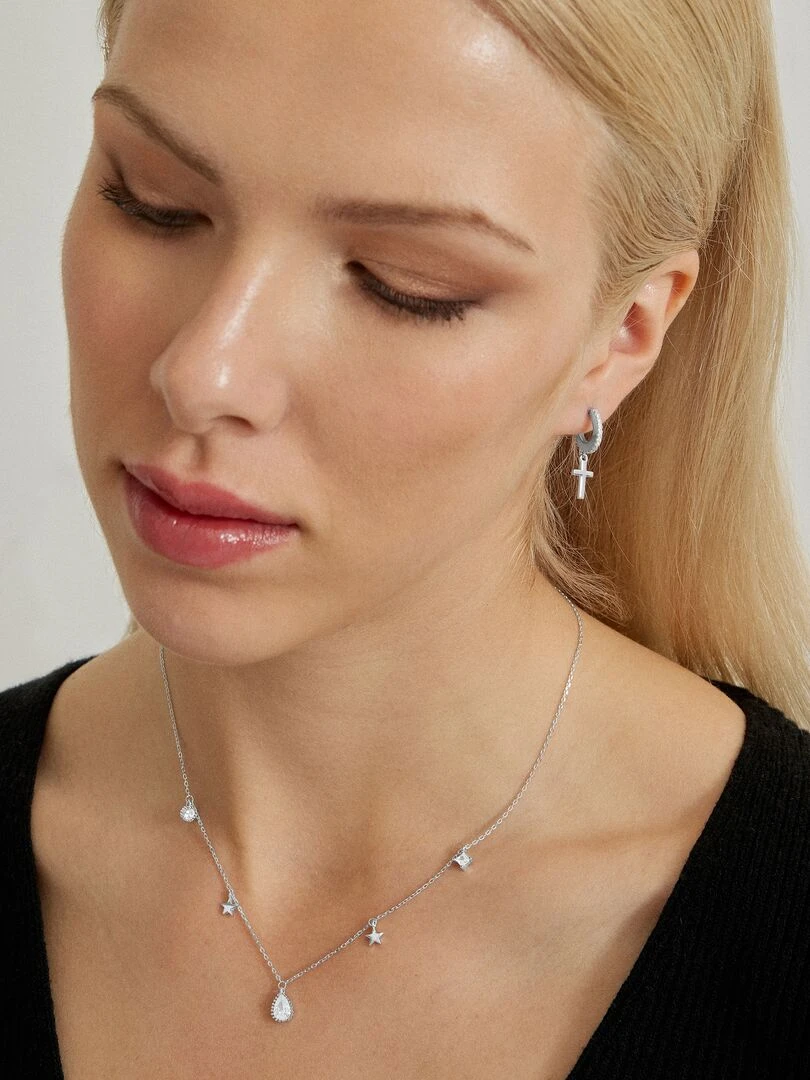 Boucles d'oreilles Croix en zircone rhodiée finition rhodiée   Multicolore