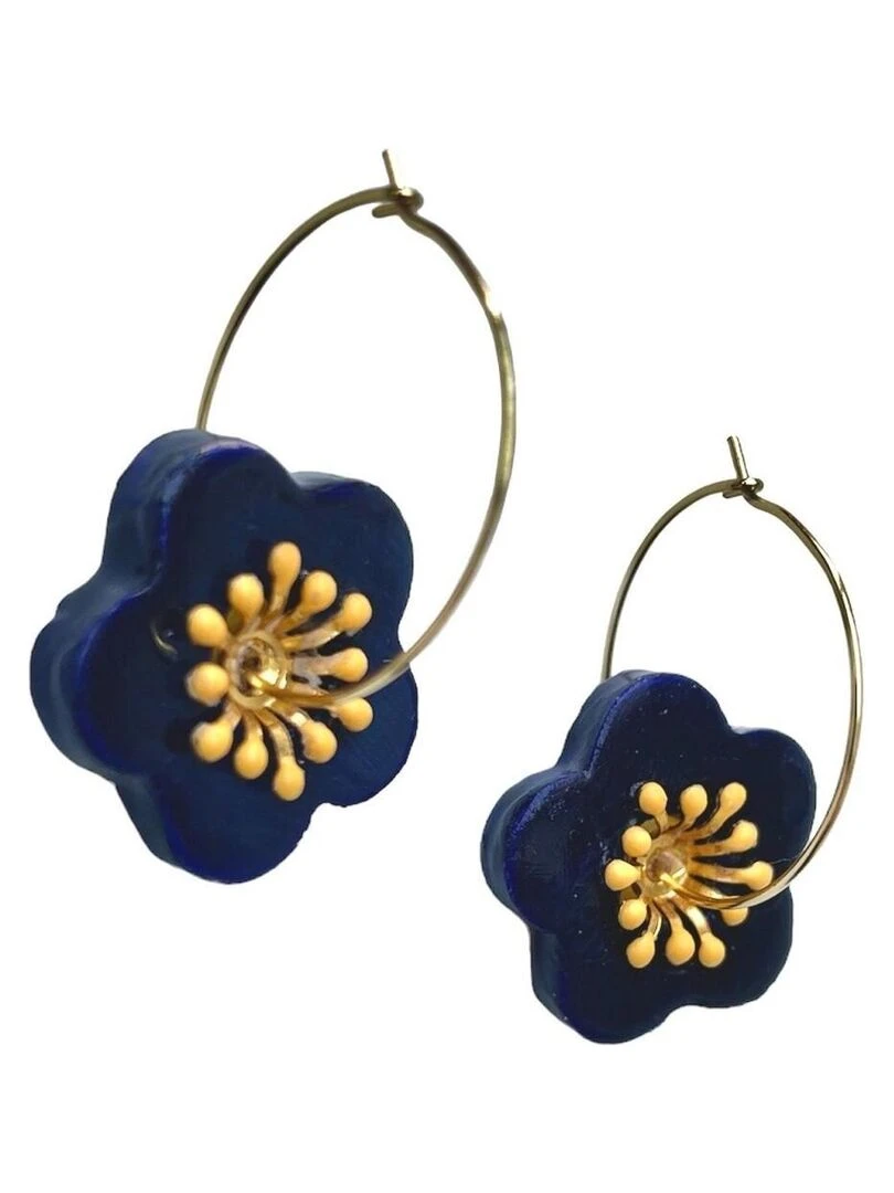 Boucles d'oreilles créoles fleur bleue en céramique Modèle unique artisanal Bleu