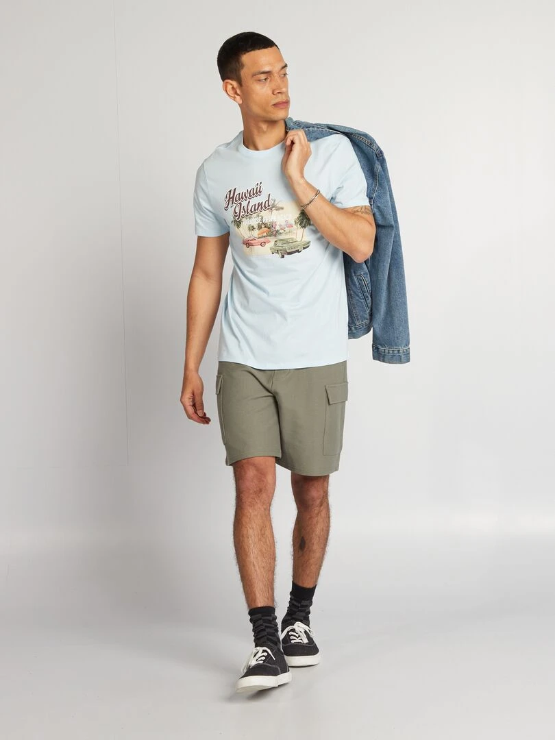 T shirt en coton imprimé à col rond Bleu clair 'Hawaï'
