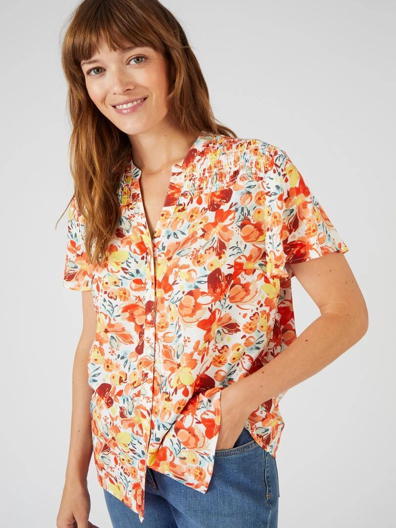 Chemisier à smocks Climatyl Damart Orange corail