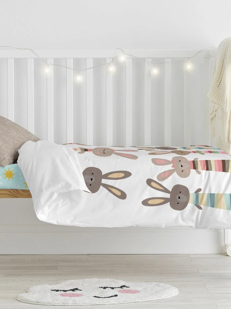 Parure housse de couette 2 pièces Rabbit family Berceau "Happyfriday"   Bleu Gris
