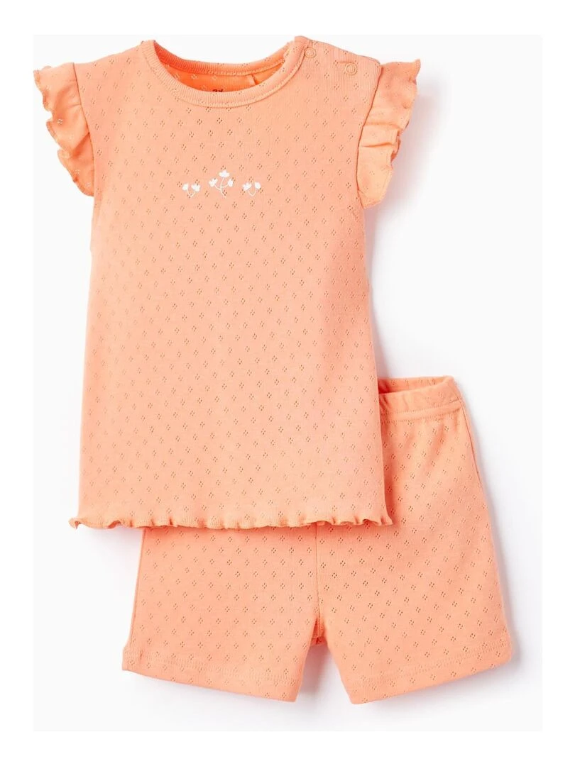 Pyjama En Coton Pointelle Pour Bébé Fille 'Fleurs' manches courtes Blanc Orange clair
