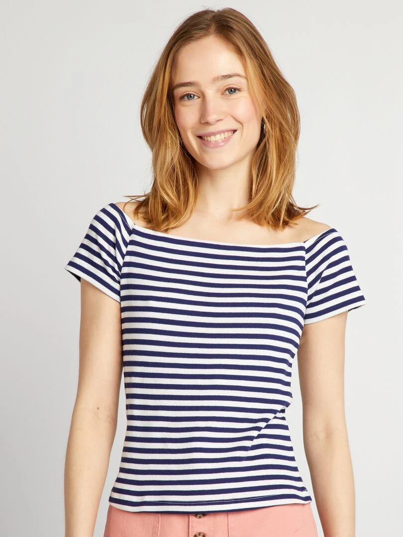 T shirt bardot en maille cotelée   Bleu rayé