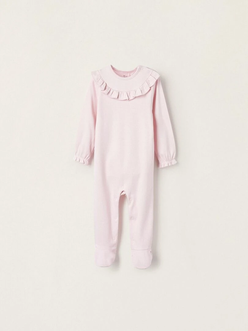 Grenouillère en jersey de coton avec pieds et volants pour bébé fille manches longues Rose clair