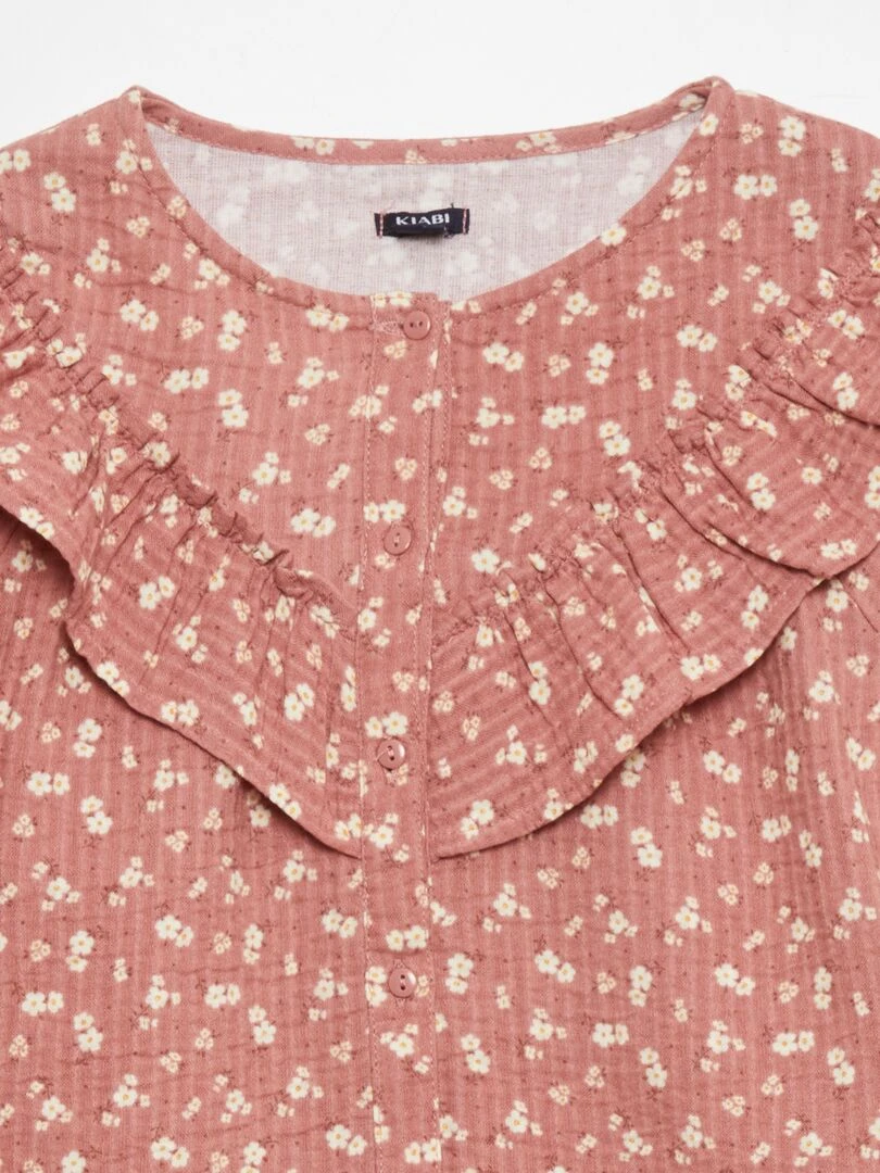 Chemisier en gaze de coton et empiècement volanté Rose fleuri