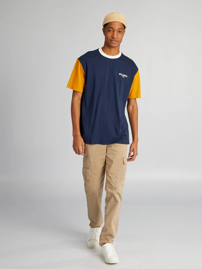 T shirt en coton color block à col rond + d'1m90 Bleu marine/jaune