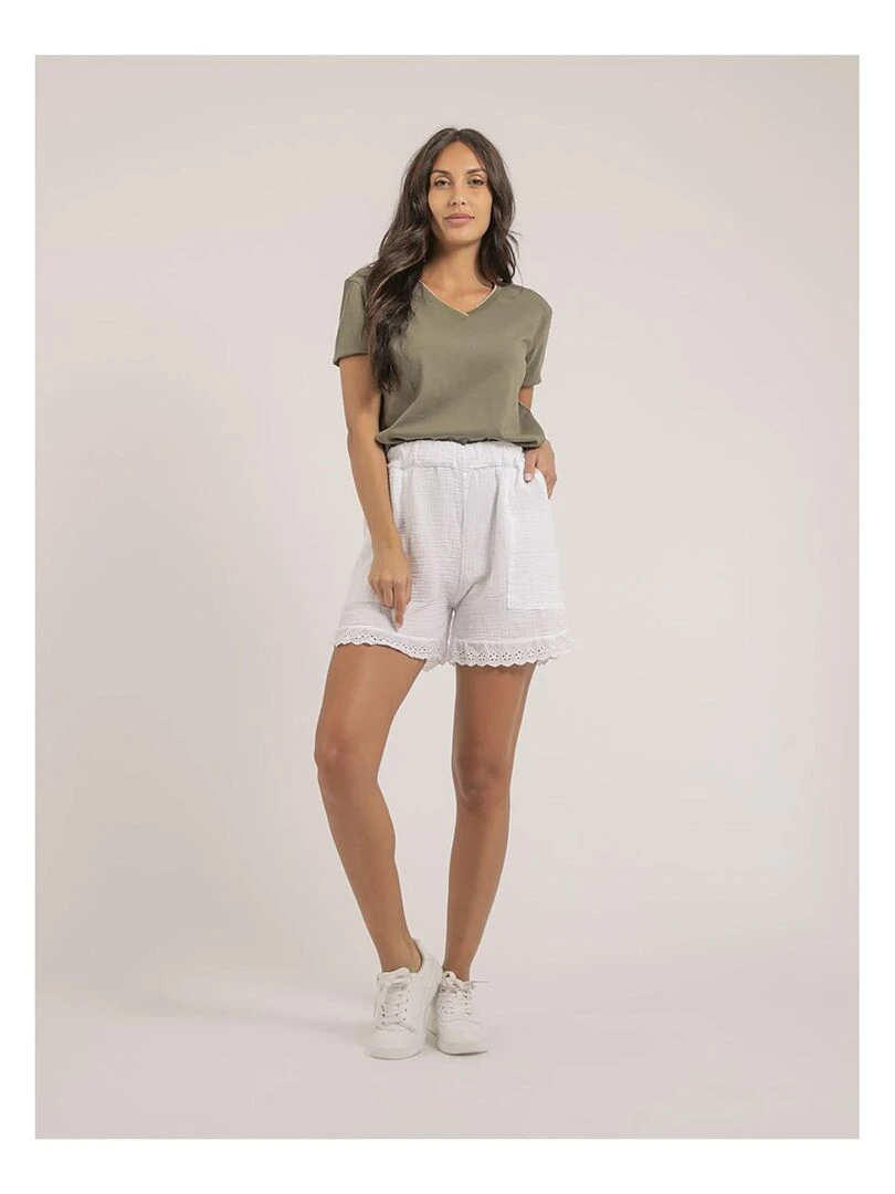 T shirt col V pur coton FAMIA   Kaki