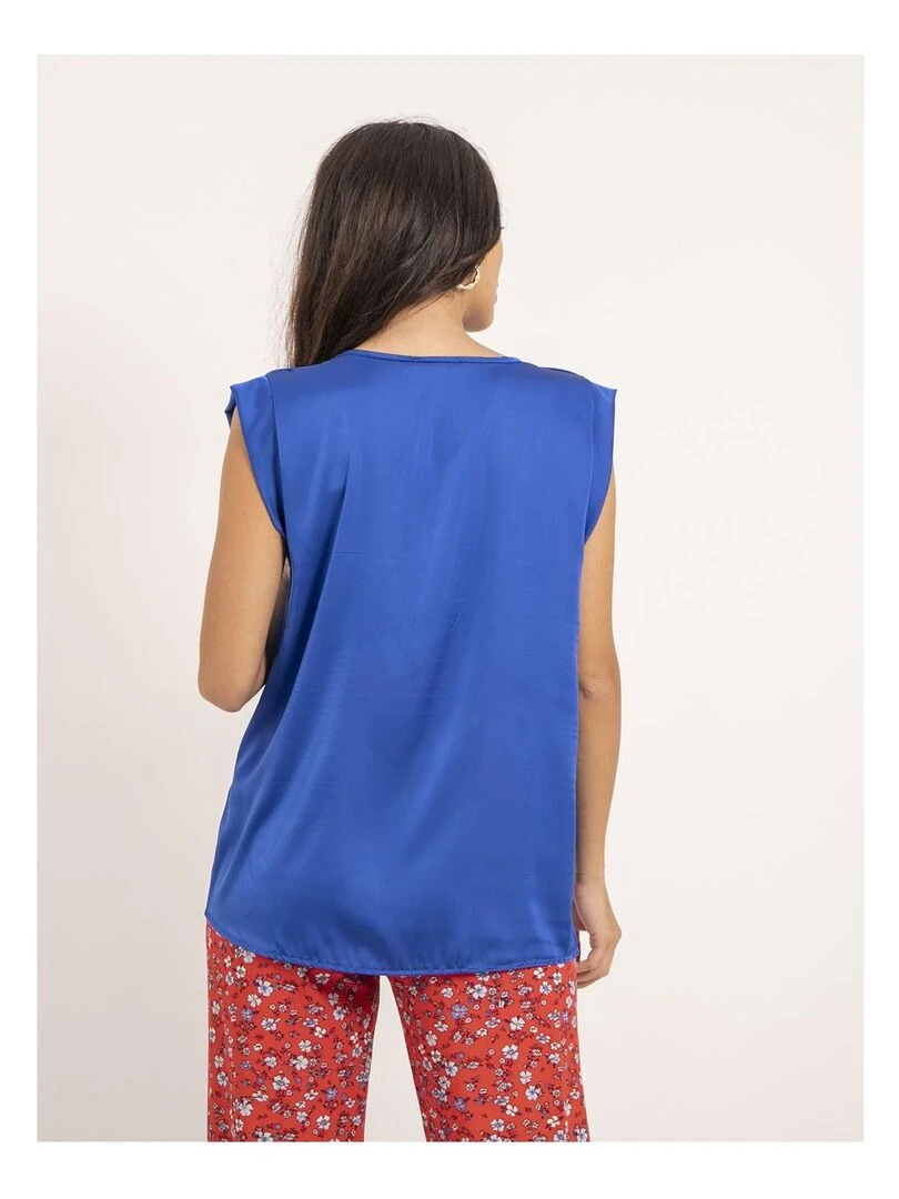 Top col V satin FIKA Bleu roi