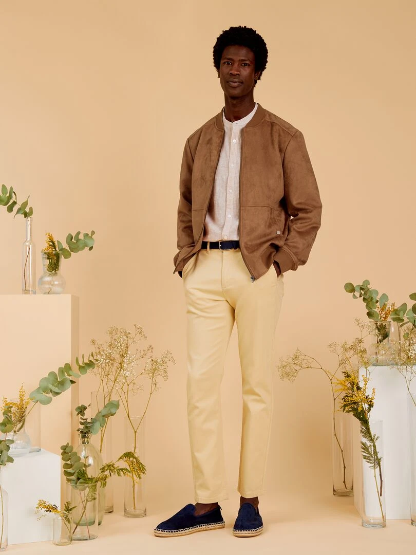 Chemise à col mao   Rayures camel