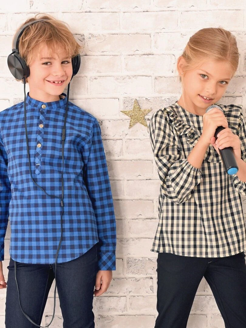 Chemise Col Mao Garçon  Carreaux Vichy Bleus  LIVERPOOL   'LA FAUTE A VOLTAIRE'   Bleu Bleu marine Bleu