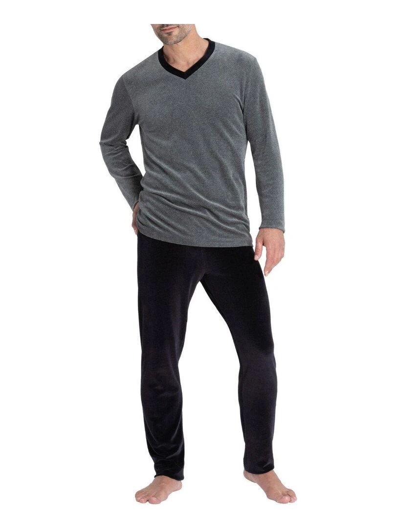 Pyjama long en velours et coton avec col V Yamato Gris