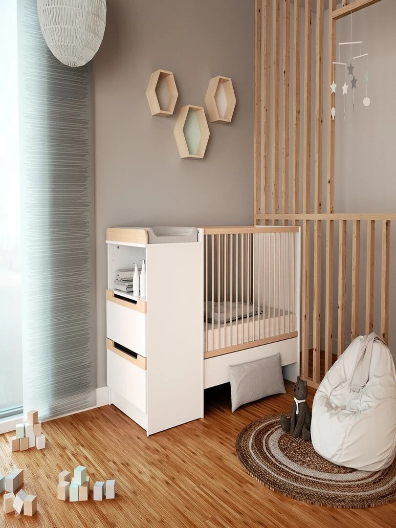 AT4    Combiné lit bébé évolutif Carrousel en bois Blanc et Hêtre 60 x 120 cm   Marron clair