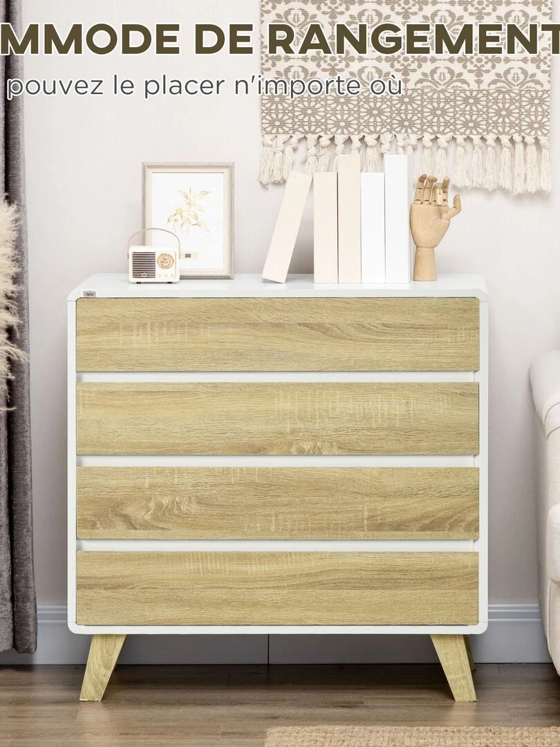 Commode scandinave sur pieds 4 tiroirs blanc aspect chêne clair   Beige