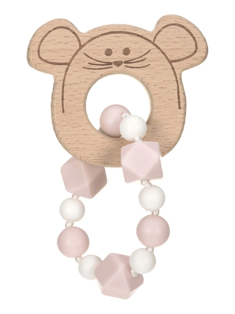 Bracelet de dentition en bois et silicone Souris Rose