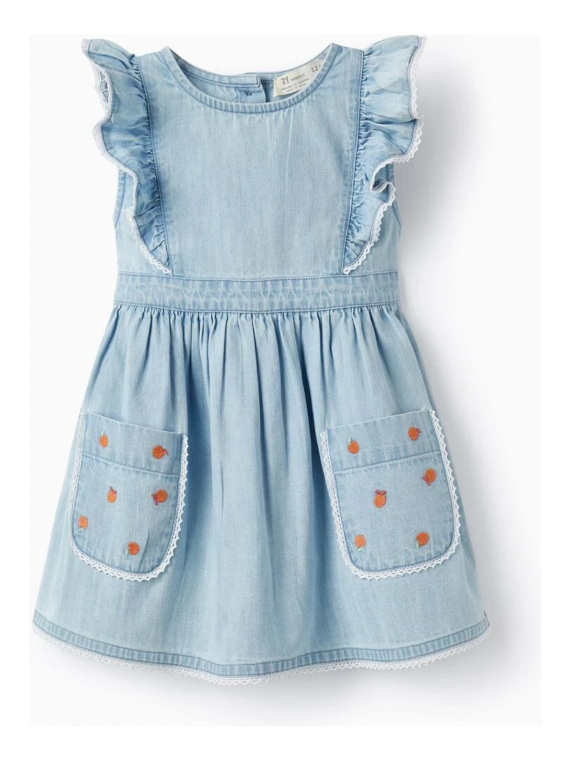 Robe en jean léger avec volants et dentelle pour bébé fille manches courtes SICILIAN DAYS Bleu