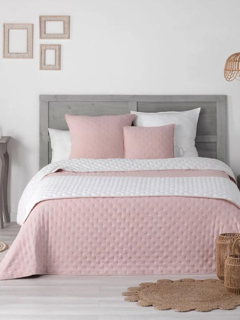 Couvre lit 2 personnes matelassé 220x240 bicolore Mellow Chic rose blanc microfibre Rose