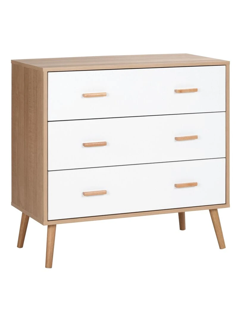 Commode scandinave sur pieds 3 tiroirs blanc aspect bois clair Beige