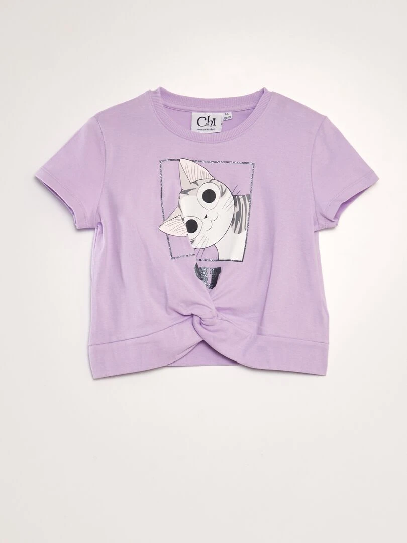 T shirt en coton 'Une vie de chat' Violet