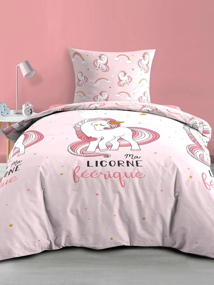 Parure housse de couette Licorne Feerique 140x200cm   Rose