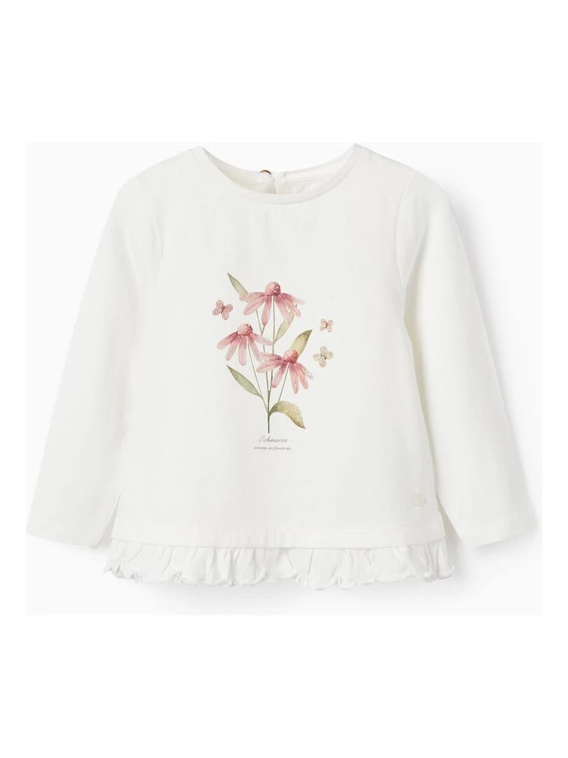 T shirt à manches longues avec volants pour bébé fille 'Floral' manches longues SPRING BEGINS Blanc