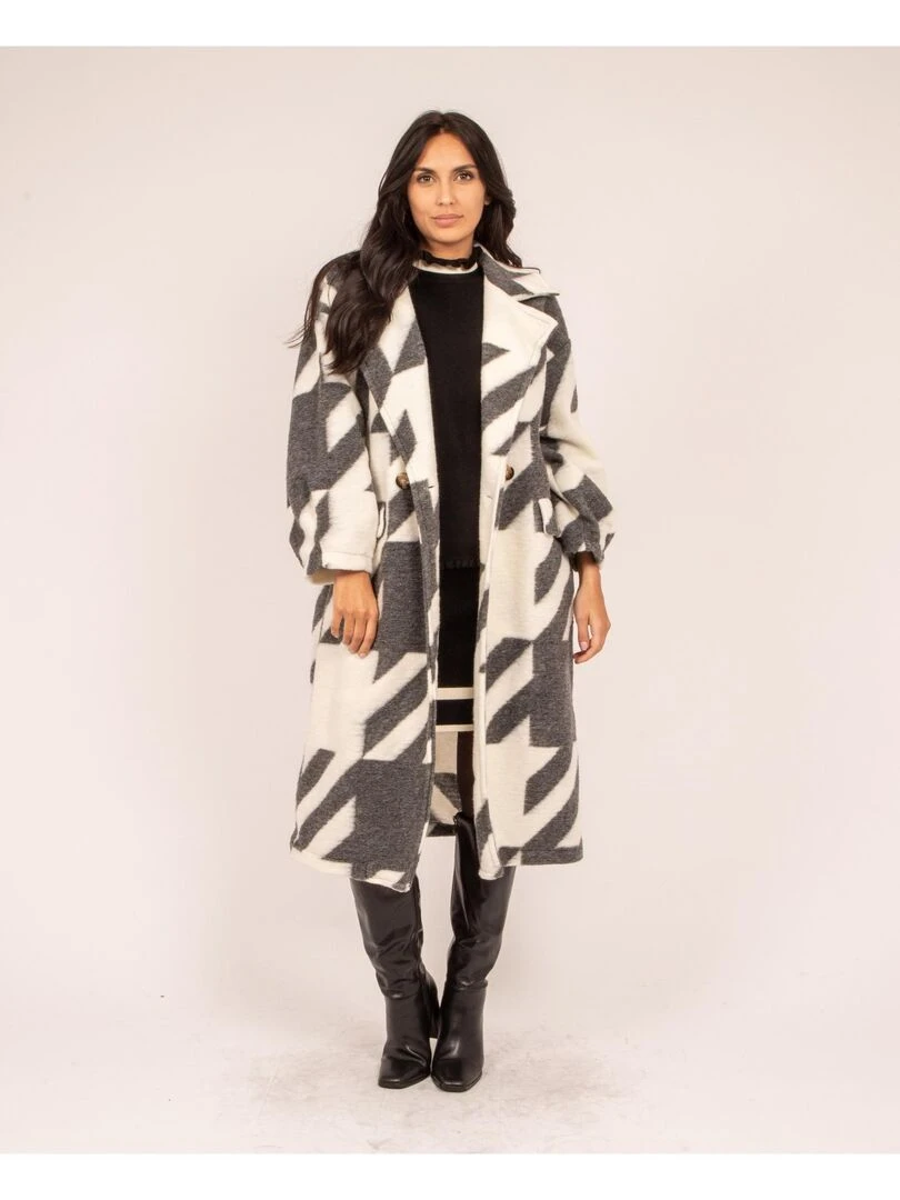 Manteau long pied de poule URIO   Marron caramel