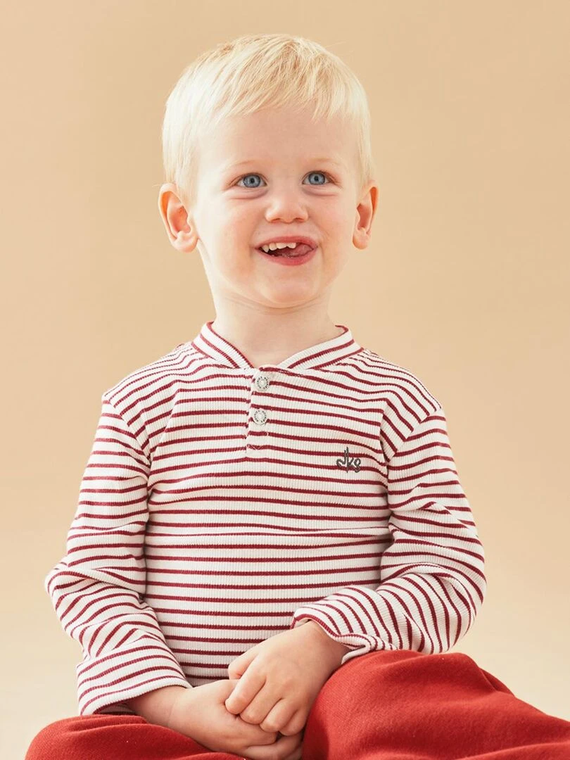 T shirt henley longues manches rayé écru/rouge brique Noukie's Blanc