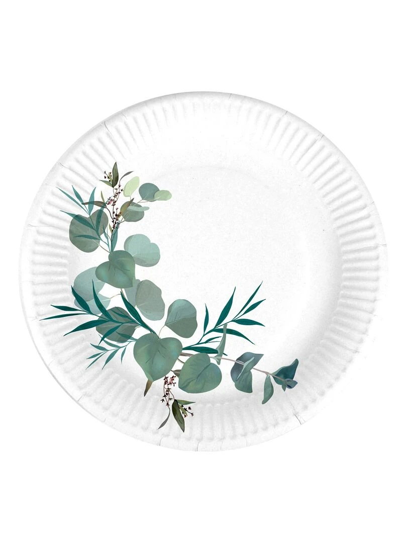 Set de 10 assiettes carton 18 cm Branche d'eucalyptus Blanc