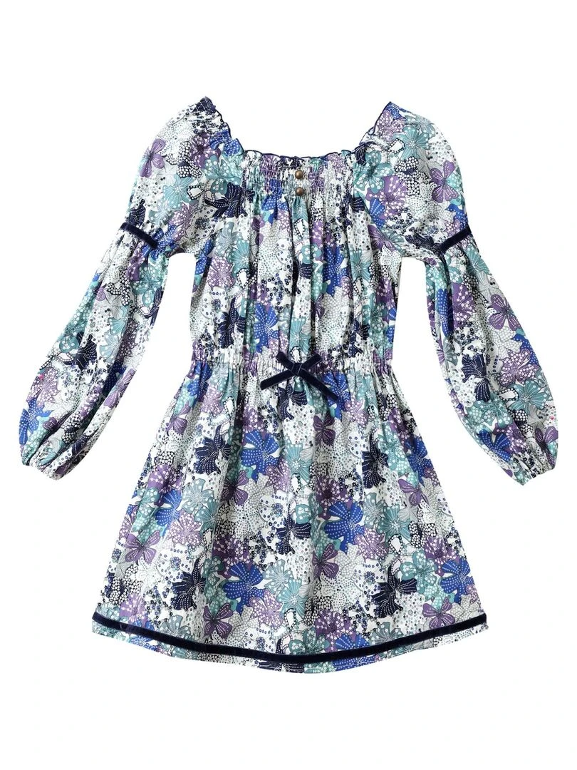 Robe Intersaison Fille  Liberty Fleuri Bleu Violet Lilas  CHIMENE   'LA FAUTE A VOLTAIRE'   Bleu Violet Blanc