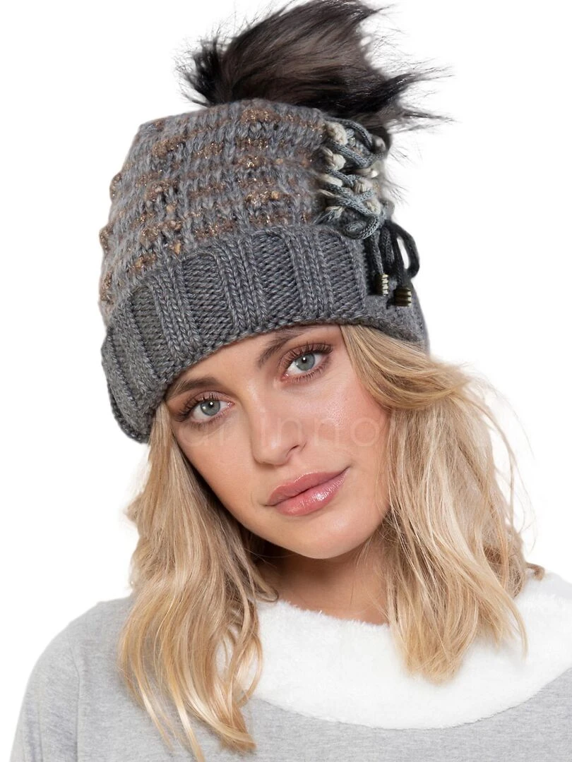 Bonnet à houppe Gris